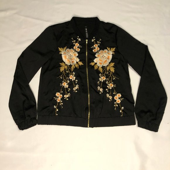 Design Lab Floral Embroidered Bomber Jacket XS Black with Peach, Orange, White - Picture 3 of 13